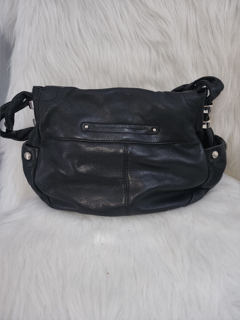B. Makowsky hobo/shoulder bag, Black Leather, Ruched Front, Braided Strap - Picture 2 of 10